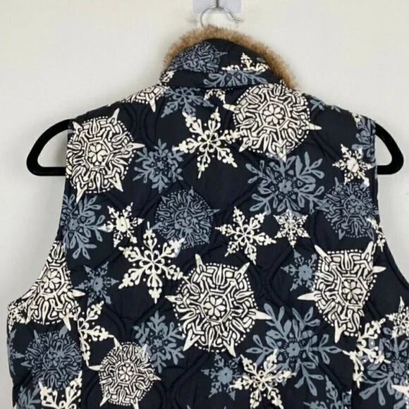 Eddie Bauer Goose Down Quilted Navy Snowflake Vest Faux Fur Collar Size S - Picture 3 of 5